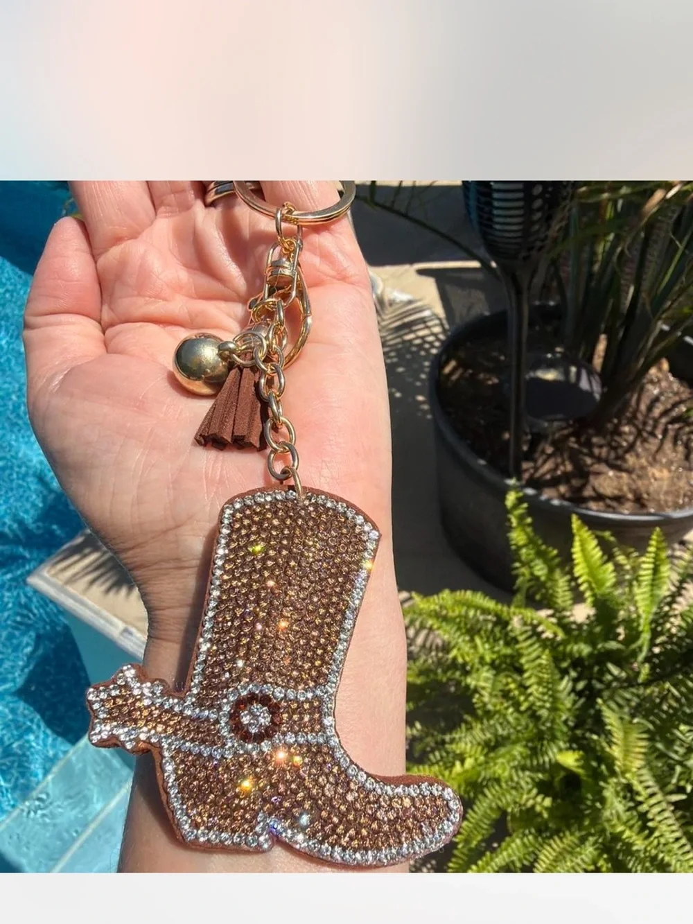 Rhinestone Cowboy Boot Keychain - Brown Crystal Accent